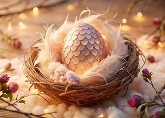 A delicate, gemstone-encrusted dragon's egg glows with a soft berry pink light, cradled in a nest of soft beige feathers and vines