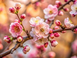 Obraz premium A tender, berry pink-petaled flower blooms on the branch of a gnarled, soft beige tree, its delicate, crystal-like centers shining like tiny jewels