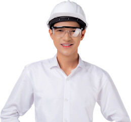 Portrait young asian engineer man wearing helmet excited isolated white background, male is architect or contractor with glad and success, contractor proud and satisfied, industrial concept.