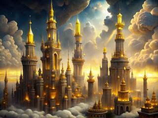 In a fantastical metropolis, soft yellow spires pierce the charcoal gray clouds, their delicate towers shining like beacons of hope.