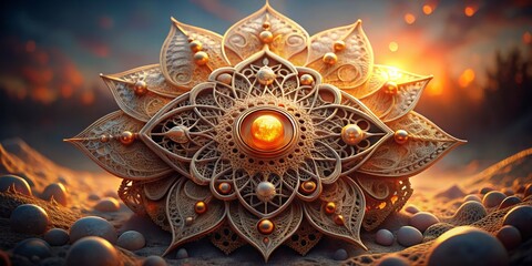 Delicate, lace-like filigree patterns dance across the surface of a mystical, sunset orange and cream-hued artifact, radiating an aura of ancient wisdom.