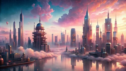 6. Ethereal, Soft Pink and Cool Gray artistic expressionism, with mesmerizing, futuristic cityscapes that levitate above the ordinary