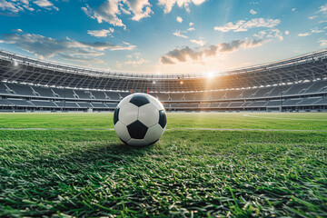 Banner of Soccer ball on the playing field in big stadium