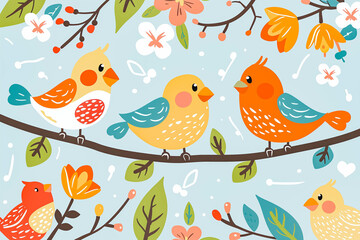 Beautiful and cute multi-coloured birds. Spring birds with beautiful beaks and red cheeks. Illustration