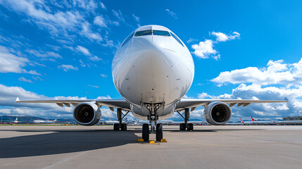 Airplane on tarmac under bright blue sky, showcasing its front view with engines visible, emphasizing aviation and travel.