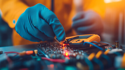An engineer in blue gloves inspects electronic components on a circuit board using a multimeter, showcasing precision in industry work.