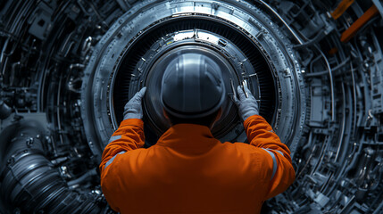 An engineer in an orange suit inspects a large industrial machine, emphasizing the complex technology behind modern machinery.