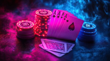 Poker Cards Casino Concept on a Black Background with Luminous Neon Lights