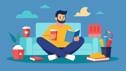 On a lazy Sunday a man indulges in a selfcare day watching his favorite movies reading a good book and treating himself to his favorite snacks.. Vector illustration