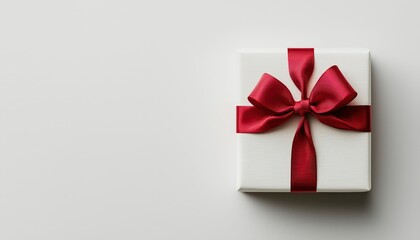 White background showcasing an elegant gift box tied with a vibrant red bow.