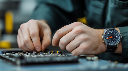 Fototapeta premium Close-up of a person's hands working meticulously on electronic components, showcasing precision and craftsmanship in a workshop setting.
