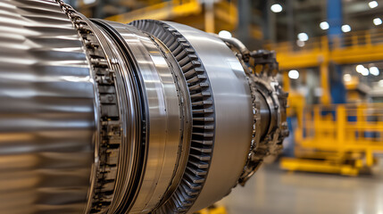 Obraz premium Close-up of a metallic jet engine turbine showcasing intricate details, with a blurred industrial background. Perfect for technology and engineering themes.