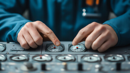 Close-up of hands adjusting industrial controls with gauges. Focus on precision and engineering in a technical environment.