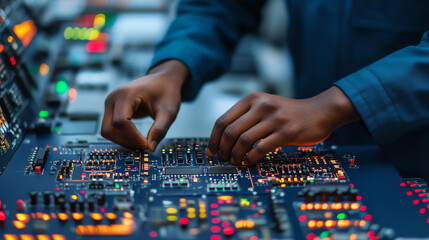 Naklejka premium Close-up of hands operating a modern control panel with colorful lights and buttons, showcasing precision and technology in action.