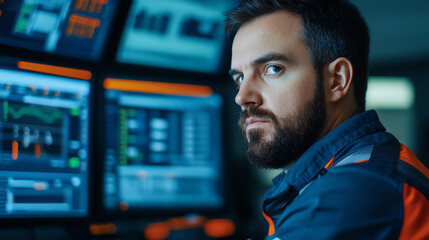 Focused male professional in control room, surrounded by monitors displaying data and analytics for work-related tasks.
