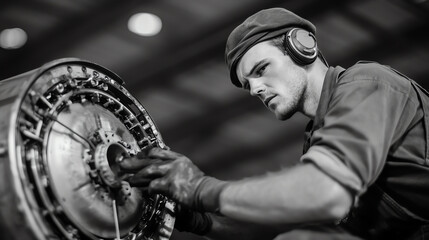 Focused mechanic working on an aircraft engine, showcasing the intricacies of maintenance in a black and white industrial setting.