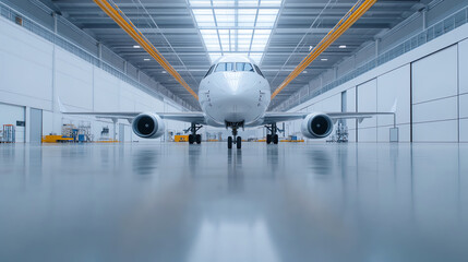 Front view of a modern airplane in a spacious hangar, showcasing advanced design and technology against a clean industrial background.