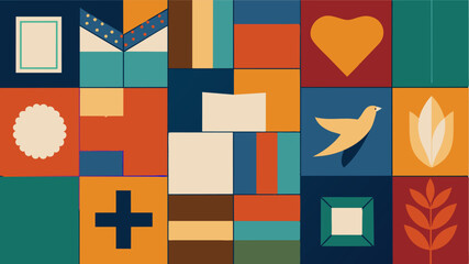 Members of a church congregation collaborated on a quilt each adding a patch with a meaningful biblical quote or verse.. Vector illustration