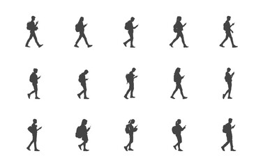Students walking and using a phone svg, Students walking with smartphone silhouette, Students walking smartphone svg.