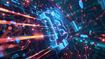 Fototapeta premium A digital representation of Bitcoin with glowing circuits, symbolizing cryptocurrency technology.