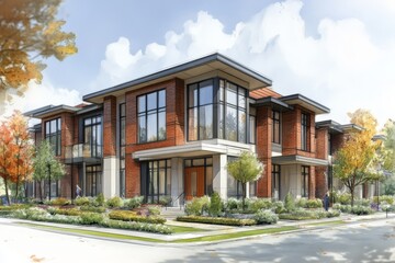 Fototapeta premium Modern Brick House with Large Windows and Green Landscaping