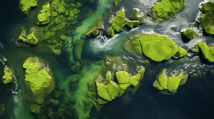 Aerial view of vibrant blooming algae on serene green river, showcasing nature’s beauty in stunning natural habitat with reflective waters and lush surroundings, ideal for environmental and scenic pho