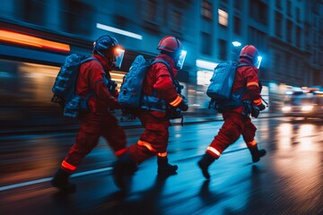 Obraz premium Firefighters Running in City Street at Night with Blurred Lights