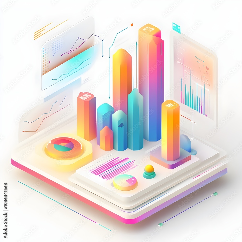 Poster isometric 3d data visualization with colorful charts and graphs