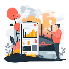 Man Monitoring Environmental Data on Smartphone with Factory in Background