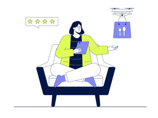 Female order food and give rating. Delivery illustration. Flat vector illustration