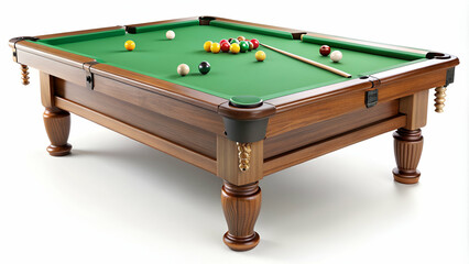 wooden billiards table with green felt and six pool balls, evoking a timeless recreation room setting, ideal for leisure and entertainment themes