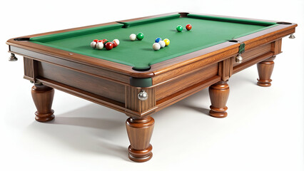 wooden billiards table with green felt and six pool balls, evoking a timeless recreation room setting, ideal for leisure and entertainment themes