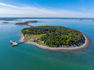 Peddocks Island and Fort Andrews aerial view at Quincy Bay in town of Hull, Massachusetts MA, USA. Nut Island belongs to Boston Harbor Islands National Recreation Area.  © Wangkun Jia