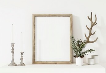 空っぽの暖炉の棚に、真っ白な木枠のモックアップ、キャンドル、鹿の角、花瓶に入った緑の植物の枝が置かれたミニマルなインテリアデザイン。