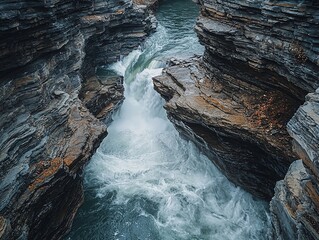 A rushing river flows through a narrow canyon, with rocky cliffs on either side.