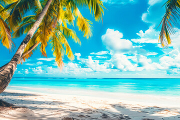 Obraz premium Beautiful tropical beach banner. White sand and coco palms travel tourism wide panorama background concept. Amazing beach landscape