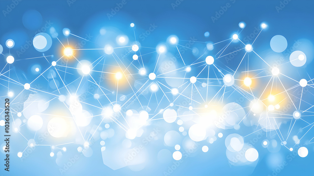 Wall mural Abstract blue background with white network connection and bokeh lights.