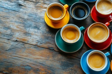 Colorful Coffee Cups on Rustic Wooden Table