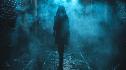 Silhouette of a woman walking in dark alleyway at night, fear of stalker and assault, insecurity and danger for lone female