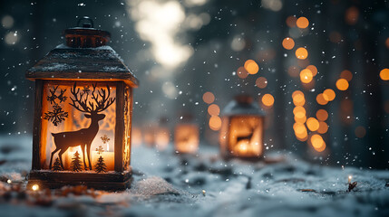 Christmas, season, holiday, snow, forest, lantern, fir tree, decoration, ornament, fashion, modern, cool, luxury, night view, sunset, candle, christmas, winter, house, tree, landscape, xmas, snowflake