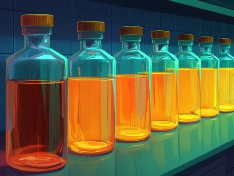 Colorful bottles of elixir a captivating display of vibrant liquid in glass containers on a shelf