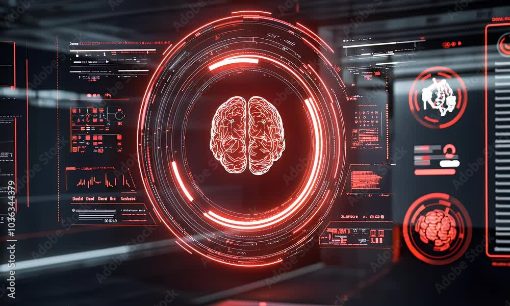 Poster futuristic holographic interface displaying cybersecurity data, with a red and black color theme. a 