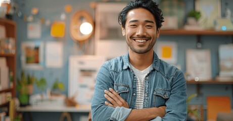 Smiling Asian Male Designer in Denim Shirt at Creative Office Working on Digital Marketing Project or Design Concept