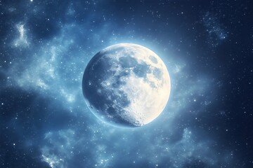 Glowing full moon shining brightly in dark blue night sky full of stars and clouds background for celestial, universe, cosmic illustration