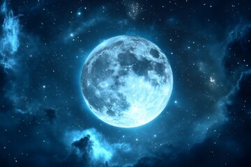 Obraz premium Shiny surreal blue moon glowing in the dark night sky with stars and clouds background for space, galaxy, astronomy concept