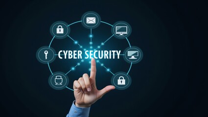 Hand pointing to the word "CYBER SECURITY" in the center of a dark blue background. Surrounding the word are various icons representing different aspects of cyber security, such as a lock, an email, a