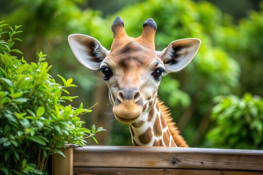 Curious giraffe peeking over fence in farm cute wallpaper