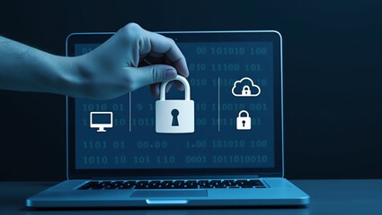 Hand holding a padlock over a laptop screen. The laptop is placed on a desk with a dark background.