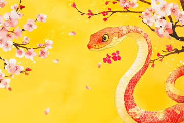 Obraz premium Watercolor red snake slithering amongst pink cherry blossoms on yellow background for Asian lunar new year design and illustration
