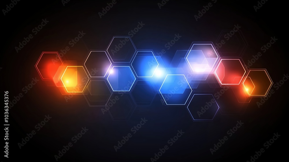 Poster colorful hexagon pattern with a blue and red center. the hexagons are lit up and appear to be glowin